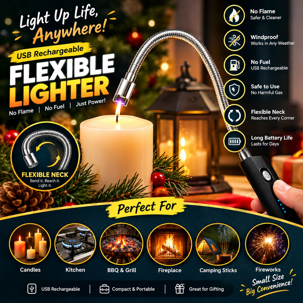 USB Rechargeable Electronic Arc Lighter – Windproof Flexible Long Neck Plasma Electric Lighter for Kitchen Stove & Candles (Pack of 1)