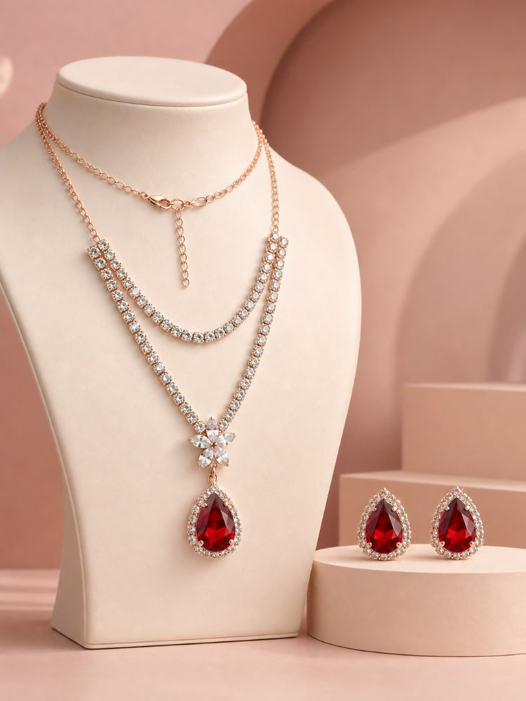 Ruby Red Floral CZ Statement Necklace Set in Rose Gold