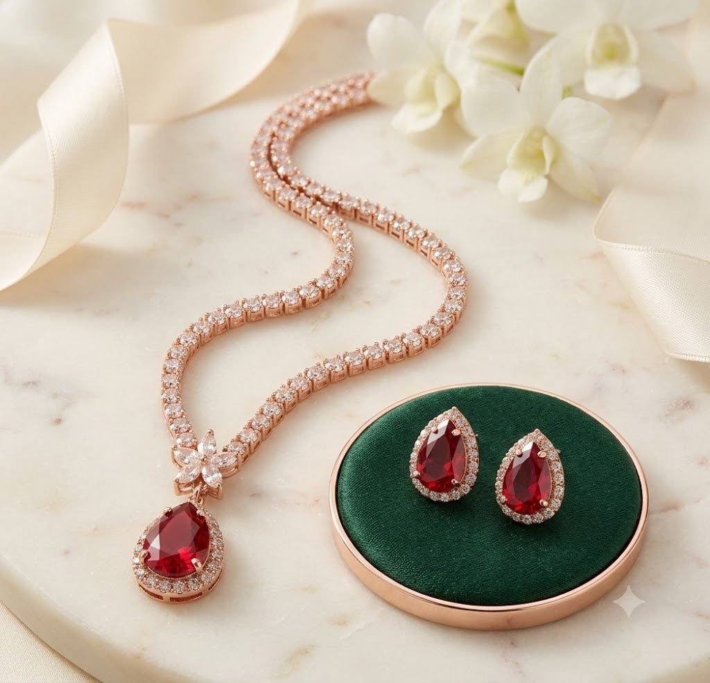 Ruby Red Floral CZ Statement Necklace Set in Rose Gold
