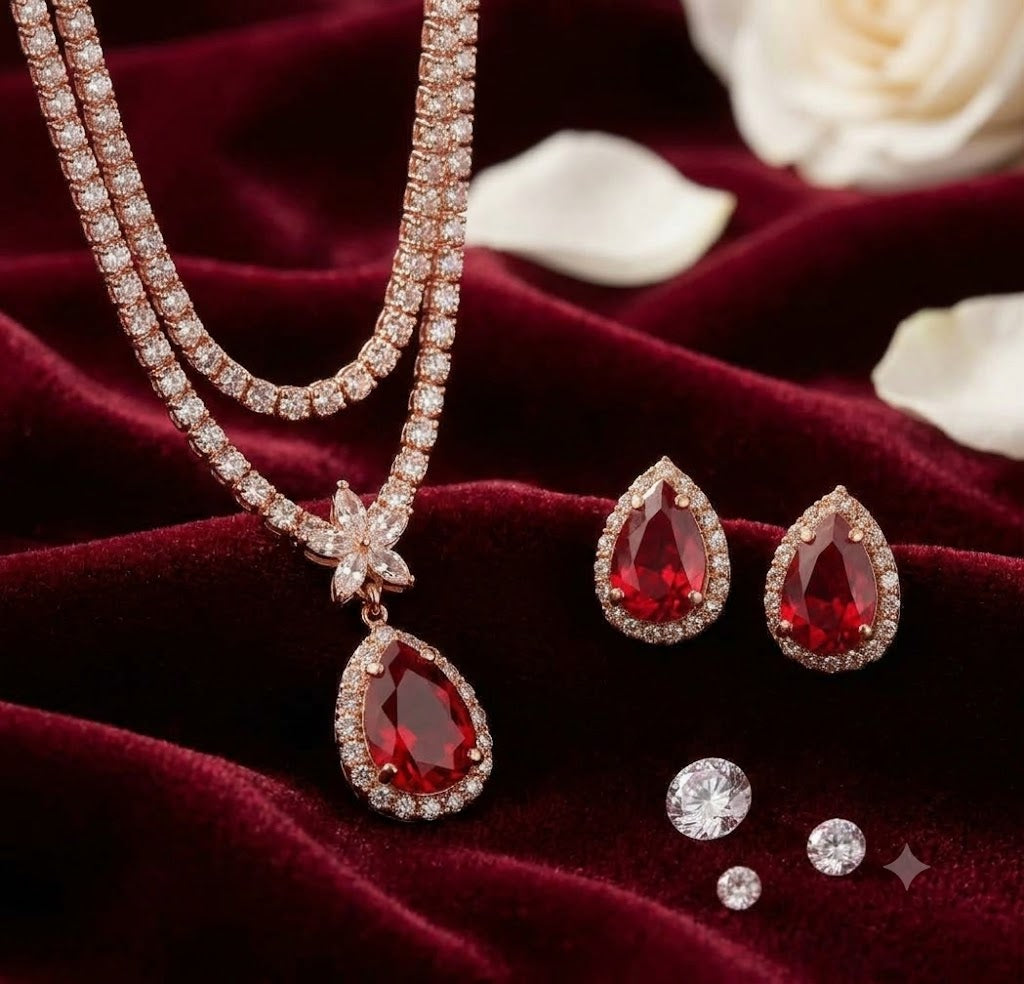 Ruby Red Floral CZ Statement Necklace Set in Rose Gold