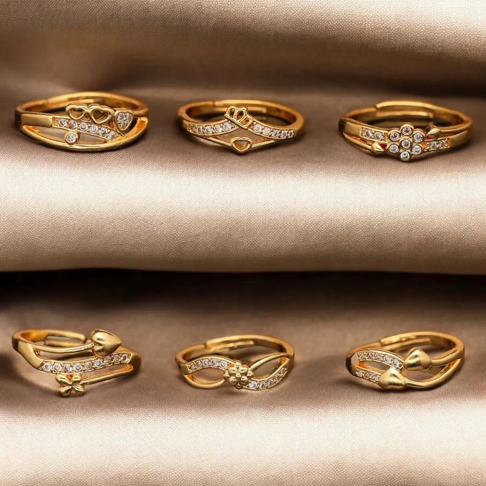 Royal American Diamond & Heart Gold-Plated Rings Combo (Pack of 6)