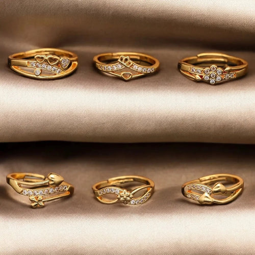 Royal American Diamond & Heart Gold-Plated Rings Combo (Pack of 6)