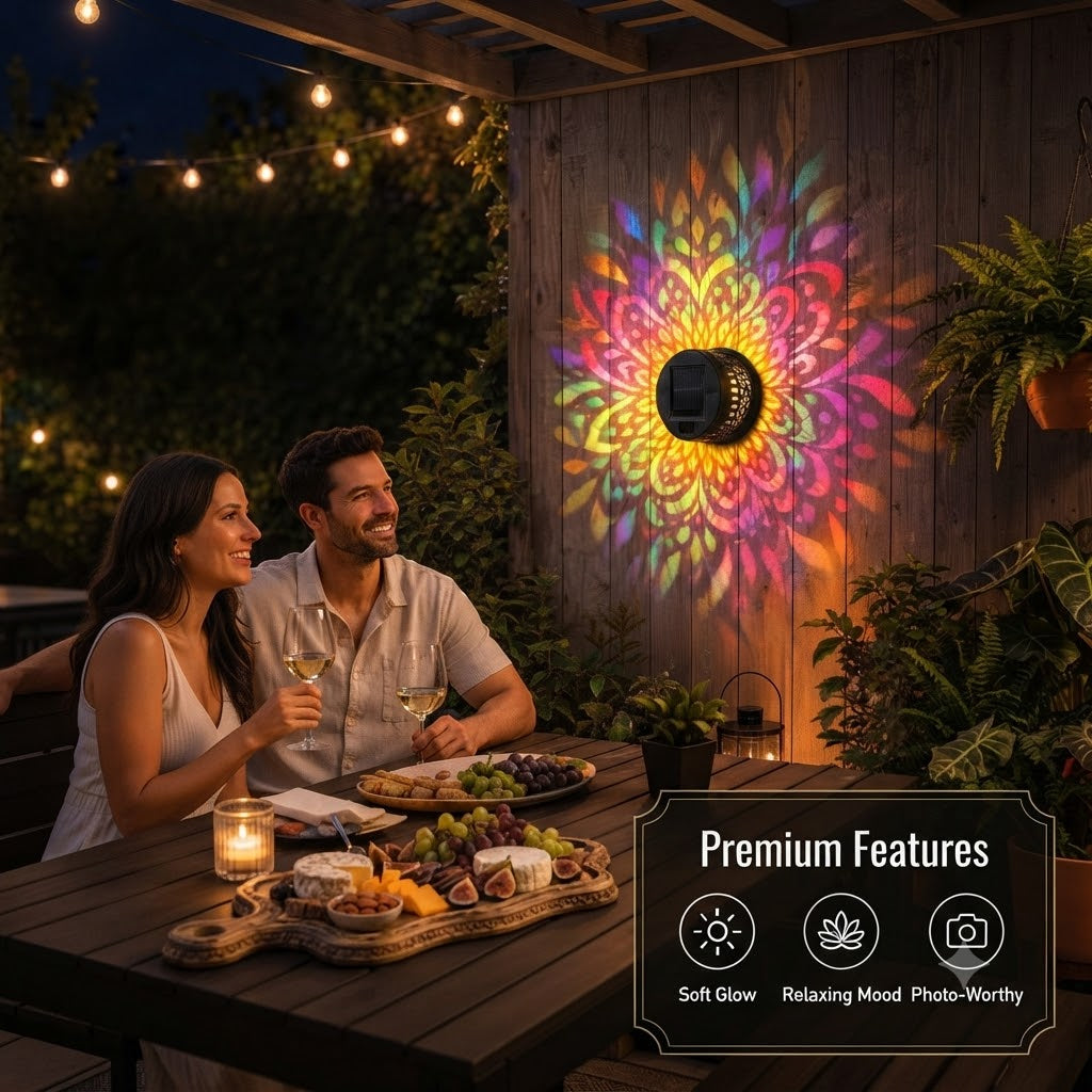 Solar Lantern Outdoor Lights - 2-in-1 Wall Mount & Tabletop Mandala Projector, Multi-Color & Warm Gold Effects, Waterproof Metal Decor for Patio, Garden, Deck, Yard, Pathway (1 Pack)