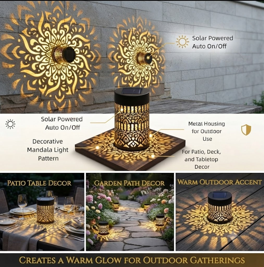 Solar Lantern Outdoor Lights - 2-in-1 Wall Mount & Tabletop Mandala Projector, Multi-Color & Warm Gold Effects, Waterproof Metal Decor for Patio, Garden, Deck, Yard, Pathway (1 Pack)