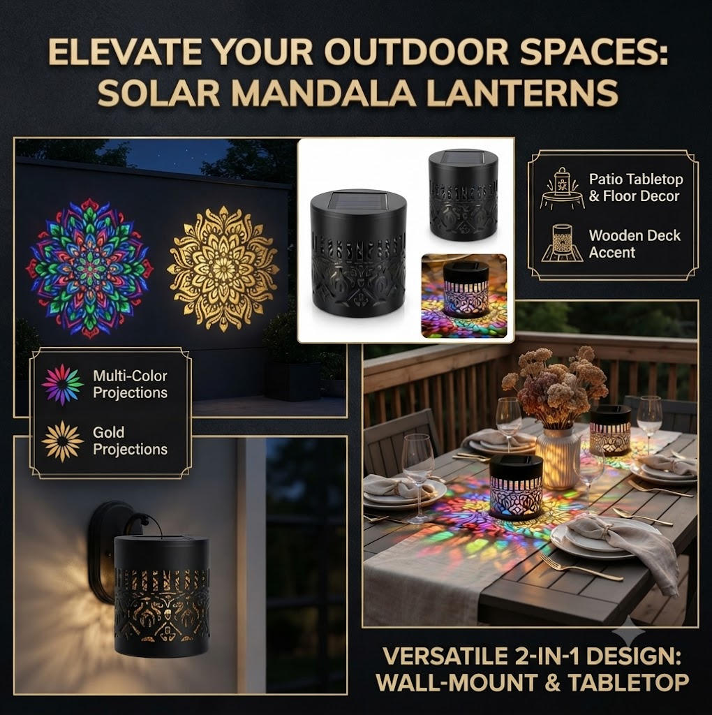 Solar Lantern Outdoor Lights - 2-in-1 Wall Mount & Tabletop Mandala Projector, Multi-Color & Warm Gold Effects, Waterproof Metal Decor for Patio, Garden, Deck, Yard, Pathway (1 Pack)