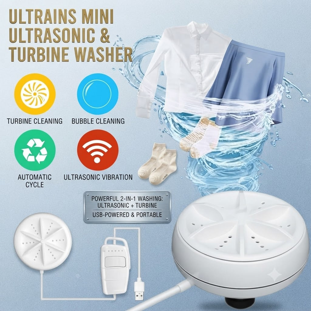 Portable Mini USB Ultrasonic & Turbine Washing Machine – Automatic Multi-Functional Laundry Washer for Travel, Underwear & Baby Clothes