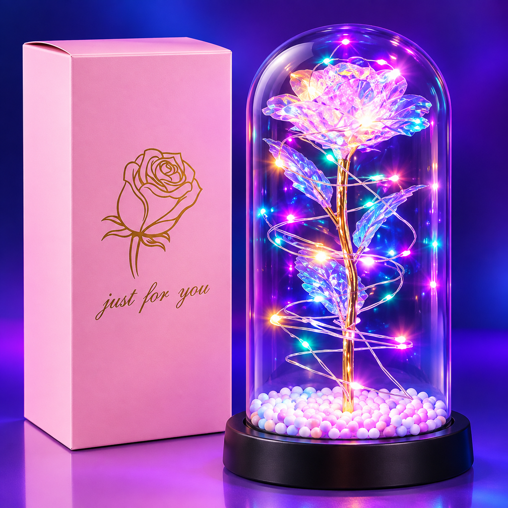 Enchanted Galaxy Rose in Glass Dome – LED Fairy Light Artificial Forever Rose Gift for Valentine, Anniversary & Birthday
