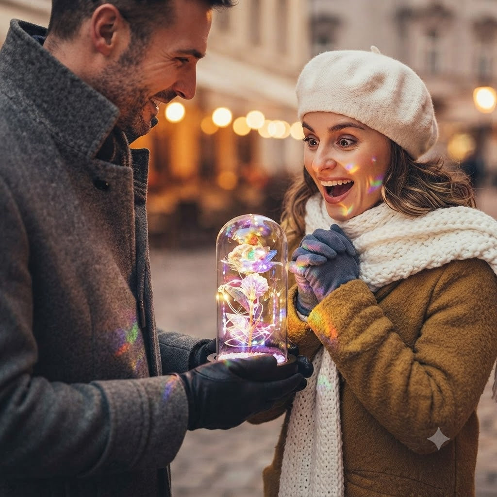 Enchanted Galaxy Rose in Glass Dome – LED Fairy Light Artificial Forever Rose Gift for Valentine, Anniversary & Birthday
