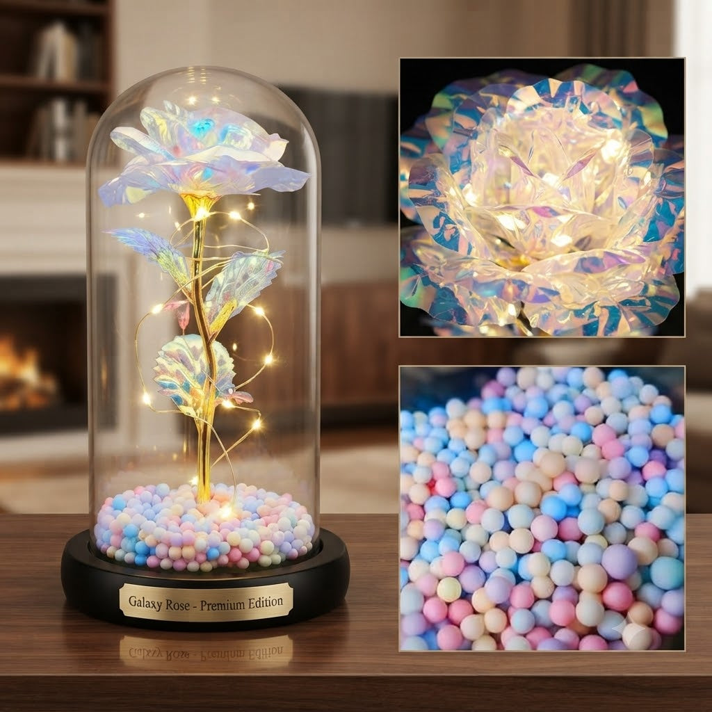 Enchanted Galaxy Rose in Glass Dome – LED Fairy Light Artificial Forever Rose Gift for Valentine, Anniversary & Birthday