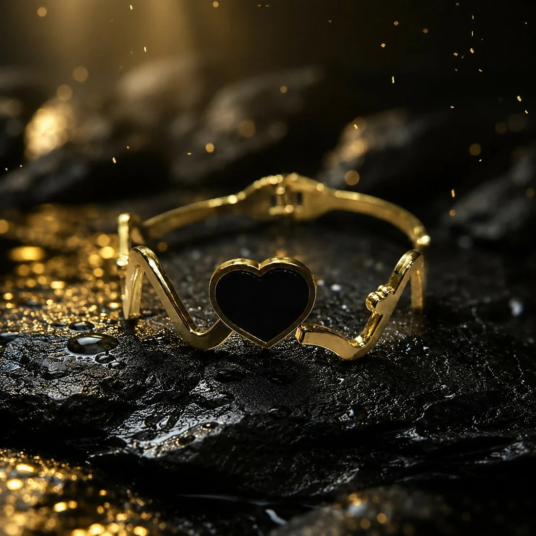 Golden Heartbeat Pulse Cuff Bracelet – Onyx Black Heart