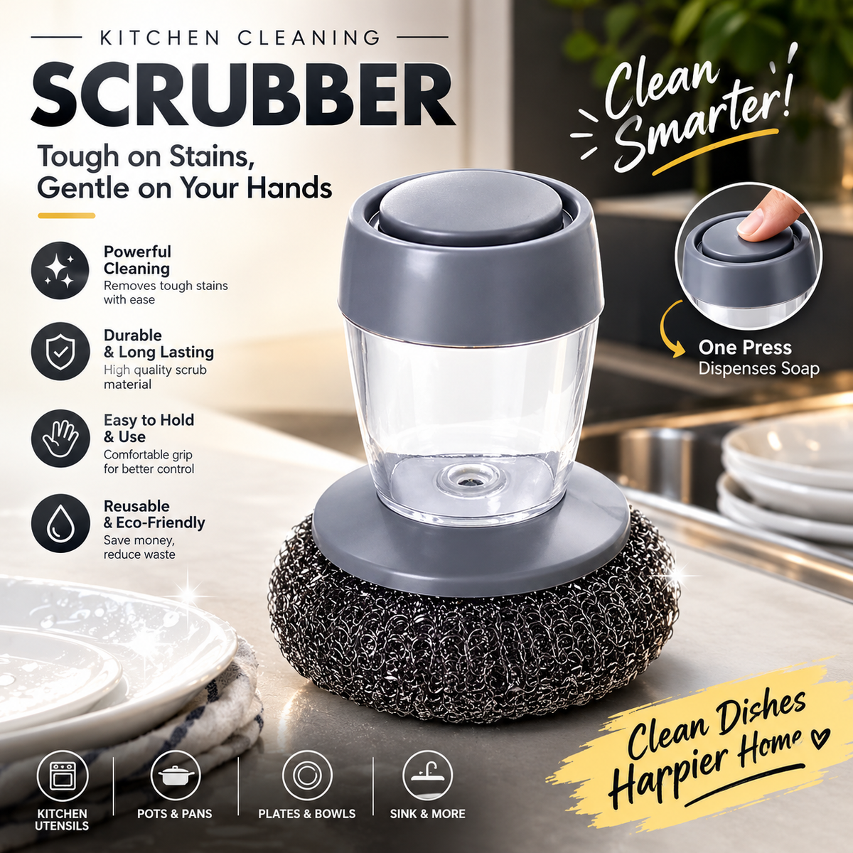 2-in-1 Soap Dispensing Steel Scrubber – Easy Clean Kitchen Dishwashing Brush