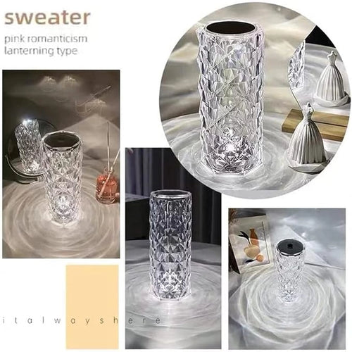 Crystal Diamond Table Lamp – 16-Color RGB LED Touch & Remote Control Rose Projection Light for Bedroom & Romantic Ambiance