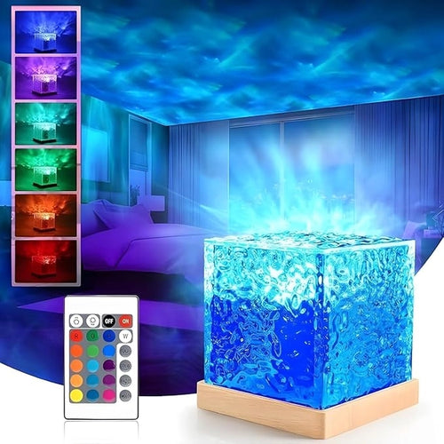 Crystal Water Ripple Projector Night Light – 16 Color RGB LED Ambient Table Lamp with Remote Control for Bedroom Decor