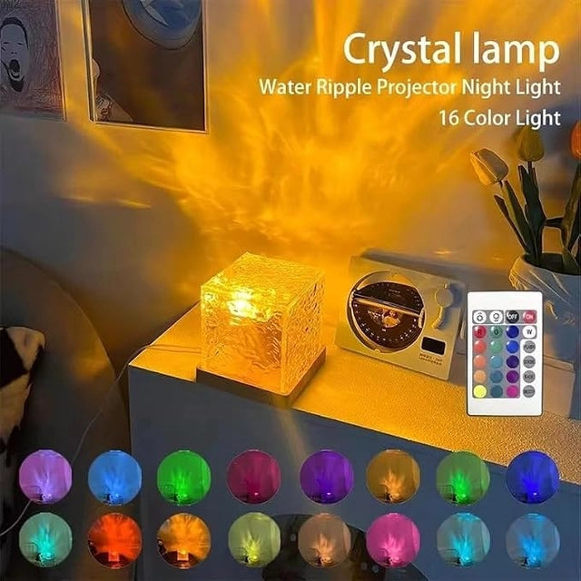 Crystal Water Ripple Projector Night Light – 16 Color RGB LED Ambient Table Lamp with Remote Control for Bedroom Decor