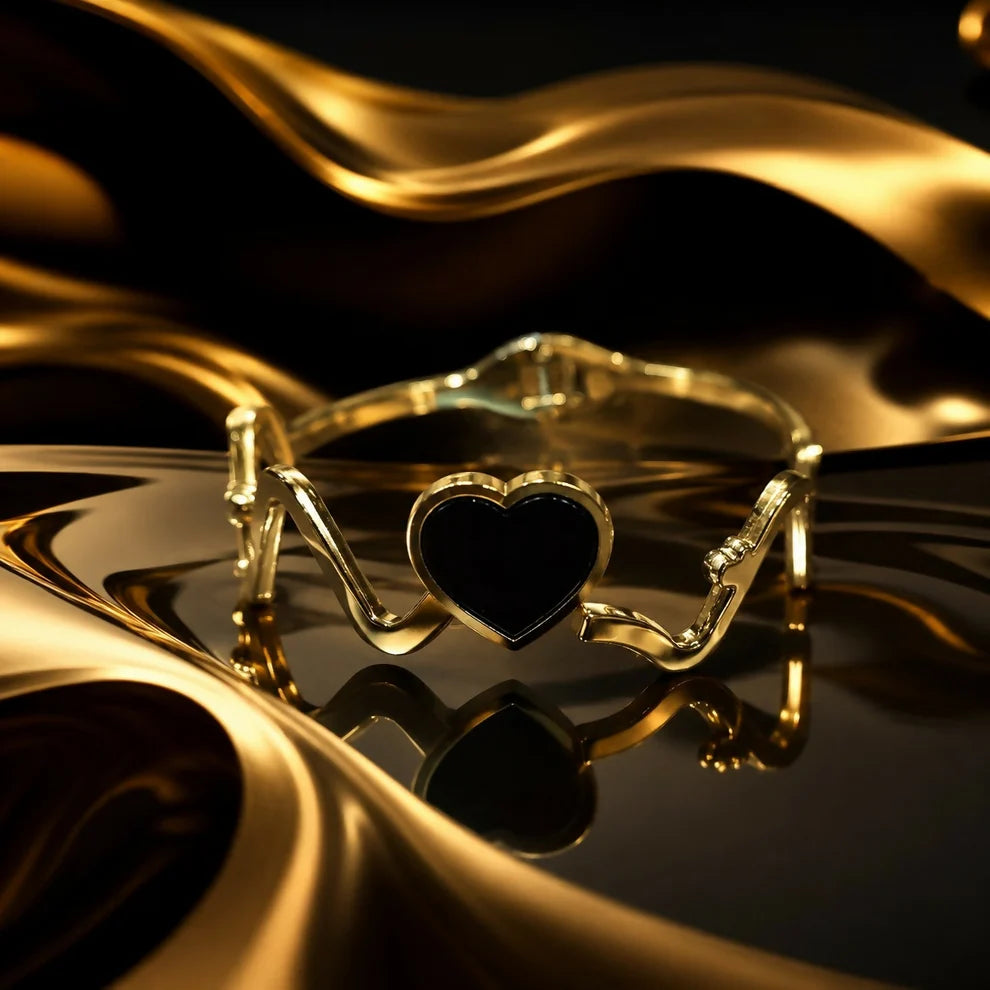 Golden Heartbeat Pulse Cuff Bracelet – Onyx Black Heart