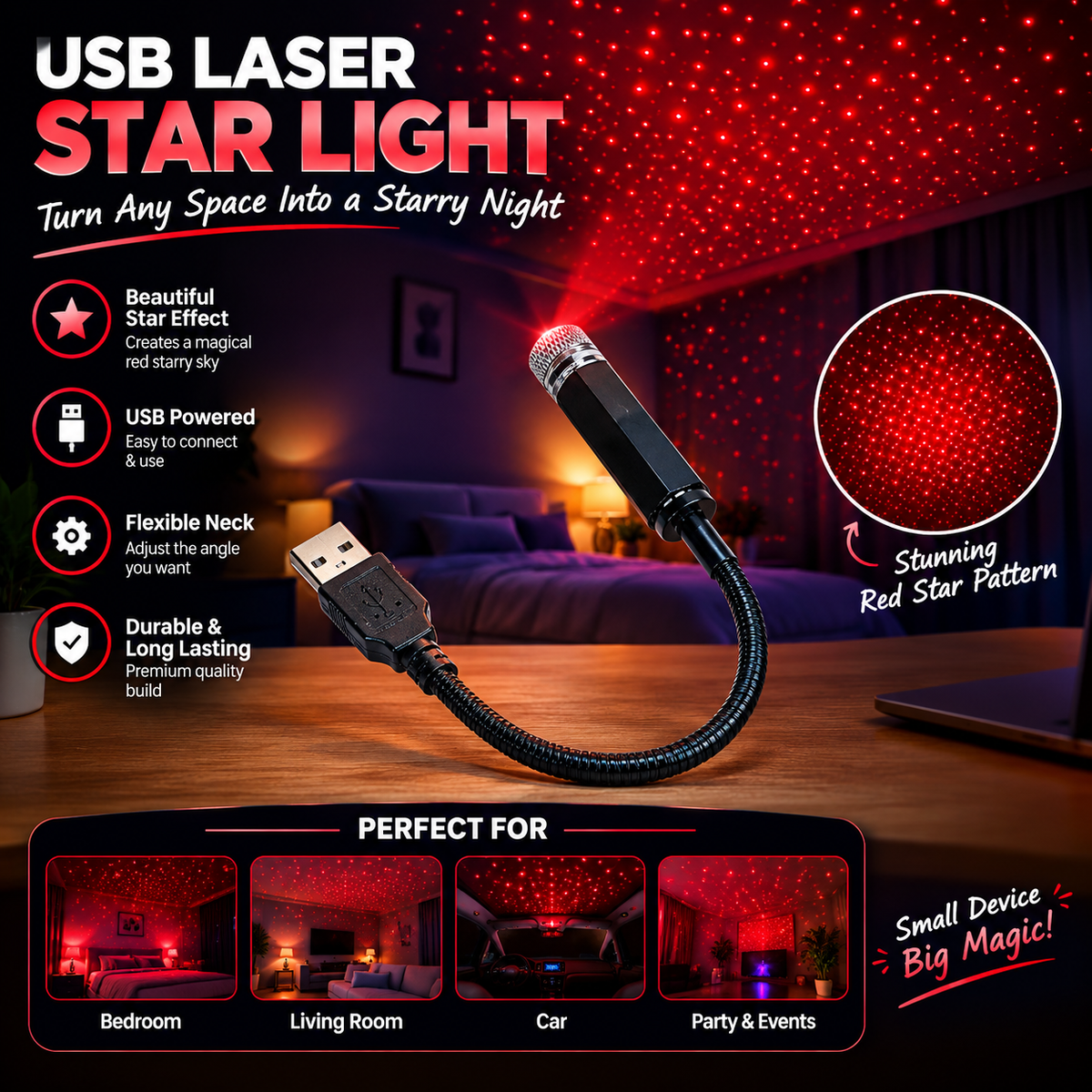 USB Mini Car Roof Star Night Light – Romantic Starry Sky Galaxy Projector & Adjustable Ambient Interior Light