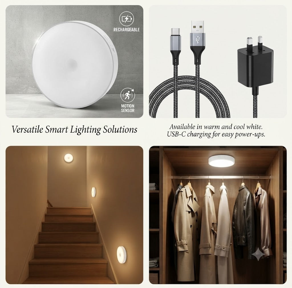 Wireless LED Motion Sensor Night Light – USB Rechargeable Magnetic Under-Cabinet Lamp & Smart Stairway Wall Light ( Pack of 2)