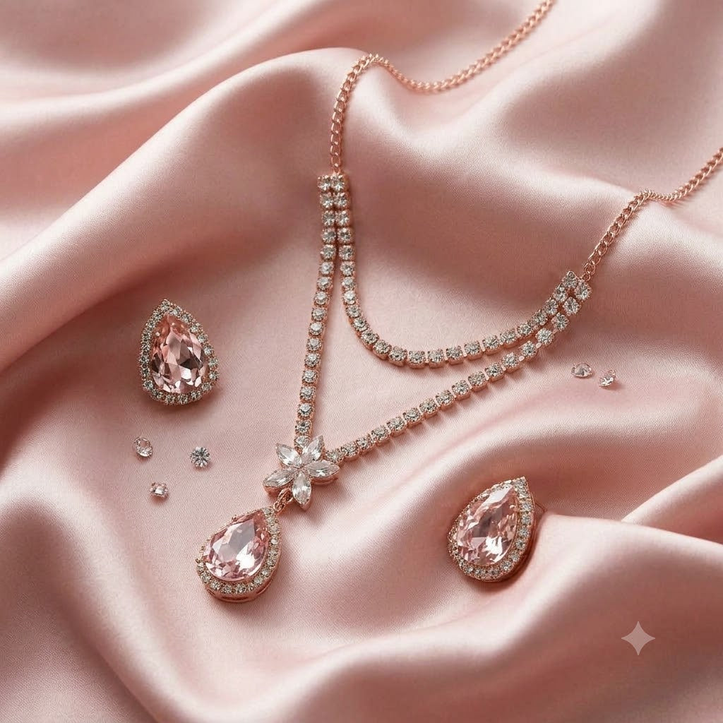 Blush Pink Crystal Teardrop Rose Gold Necklace Set with Earrings