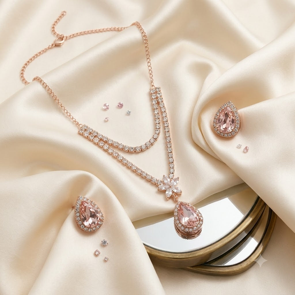 Blush Pink Crystal Teardrop Rose Gold Necklace Set with Earrings