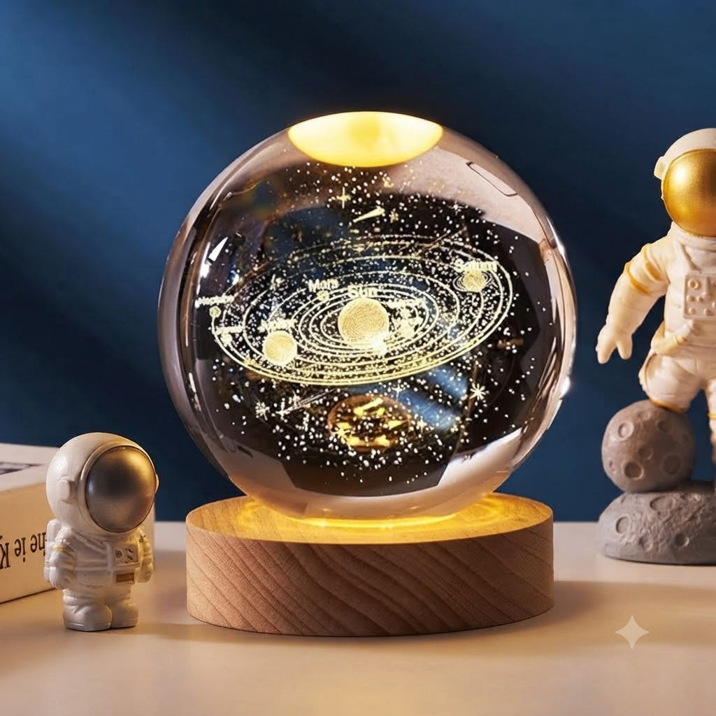 Luminous Solar System 3D Laser-Engraved Crystal Ball Night Light with Wooden LED Base