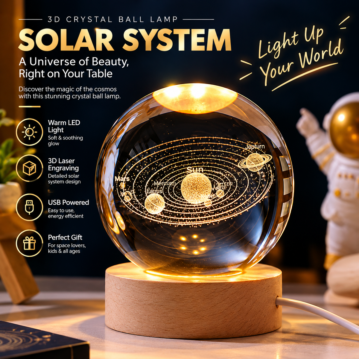 Luminous Solar System 3D Laser-Engraved Crystal Ball Night Light with Wooden LED Base