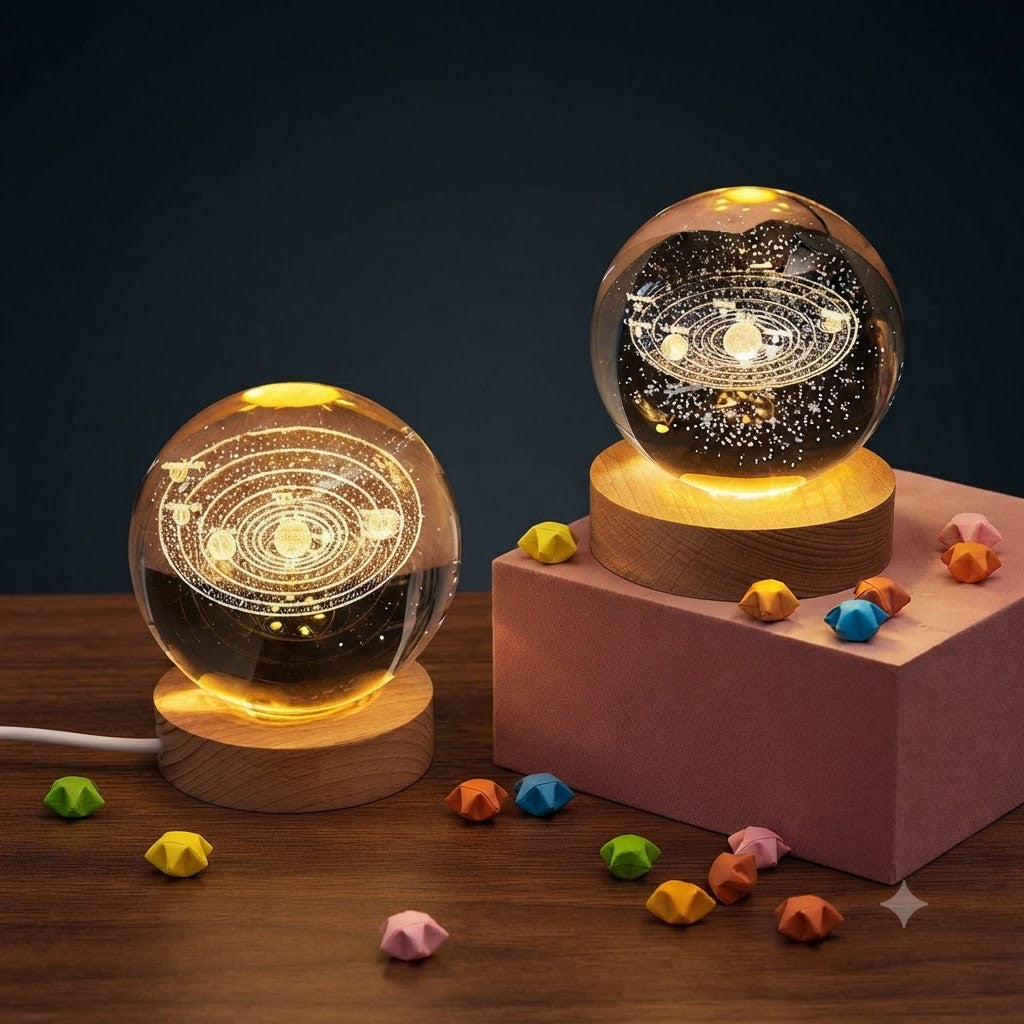 Luminous Solar System 3D Laser-Engraved Crystal Ball Night Light with Wooden LED Base