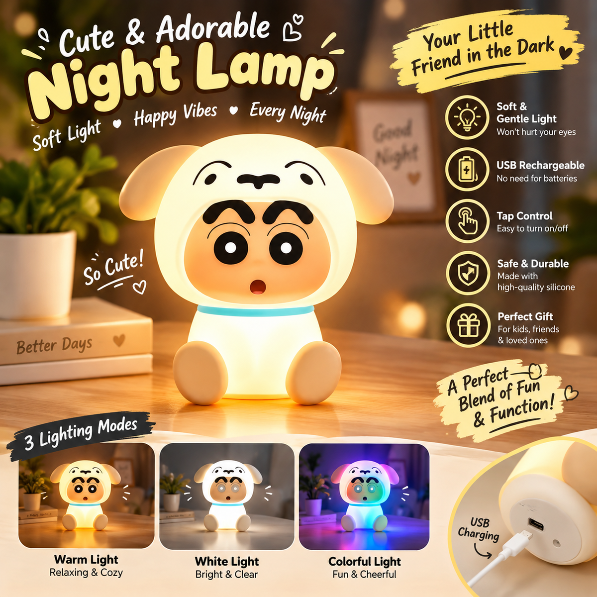 Cute Cartoon Character LED Silicone Night Light – Adorable Soft Touch Nursery Lamp & Bedside Decor for Kids